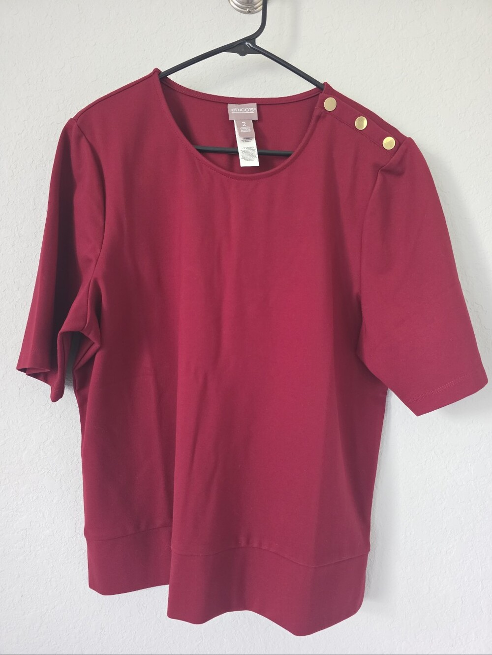 Chico's Burgundy Short-Sleeve Top with Gold Shoulder Buttons